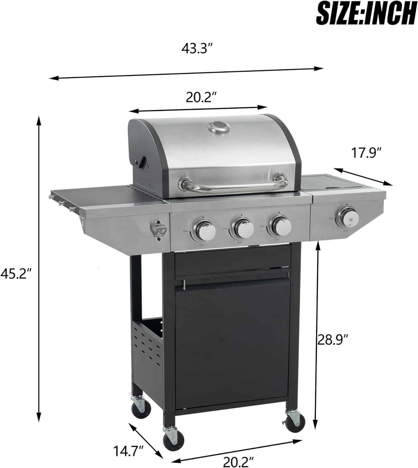 3-Burners Propane Gas Grill with Side Burner  Thermometer, 33950 BTU Output Stainless Steel Grill for Outdoor BBQ and Camping, Patio Backyard Barbecue(3 Burner+Side Burner)