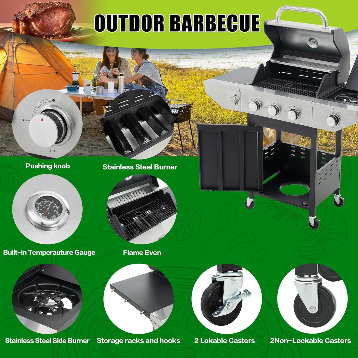 3-Burners Propane Gas Grill with Side Burner  Thermometer, 33950 BTU Output Stainless Steel Grill for Outdoor BBQ and Camping, Patio Backyard Barbecue(3 Burner+Side Burner)
