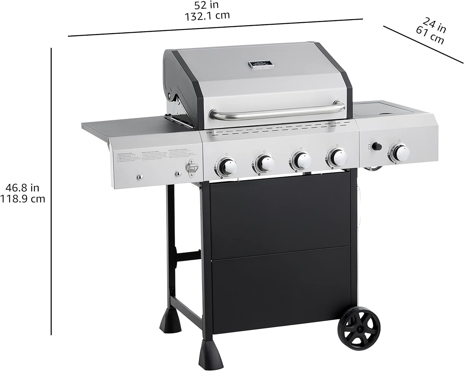 Amazon Basics Freestanding Gas Grill with Side Burner, 4 Burner (52,000 BTU)