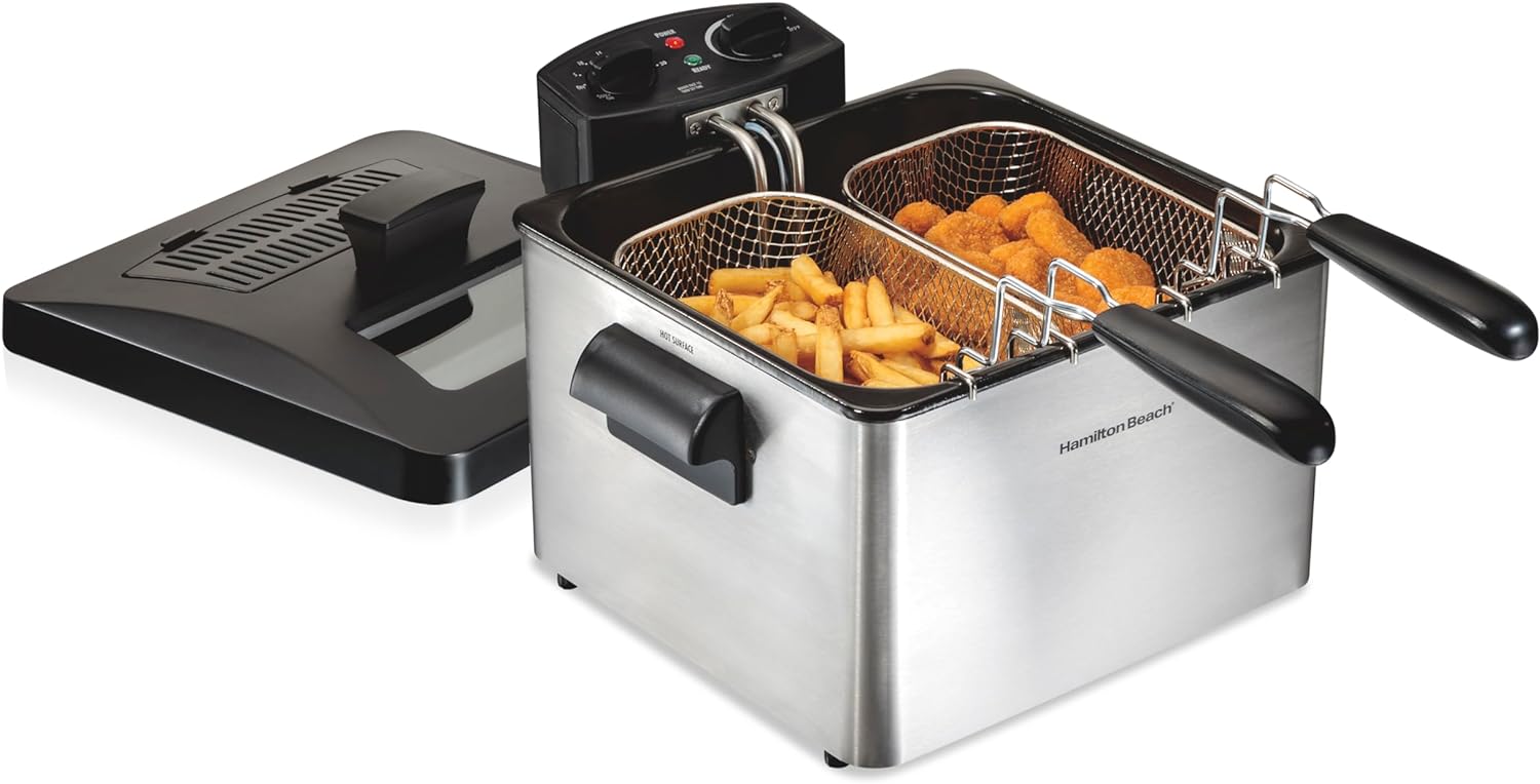 Hamilton Beach Deep Fryer with 2 Frying Baskets, 19 Cups / 4.5 Liters Oil Capacity, Lid with View Window, Professional Style, Electric, 1800 Watts, Stainless Steel (35036)