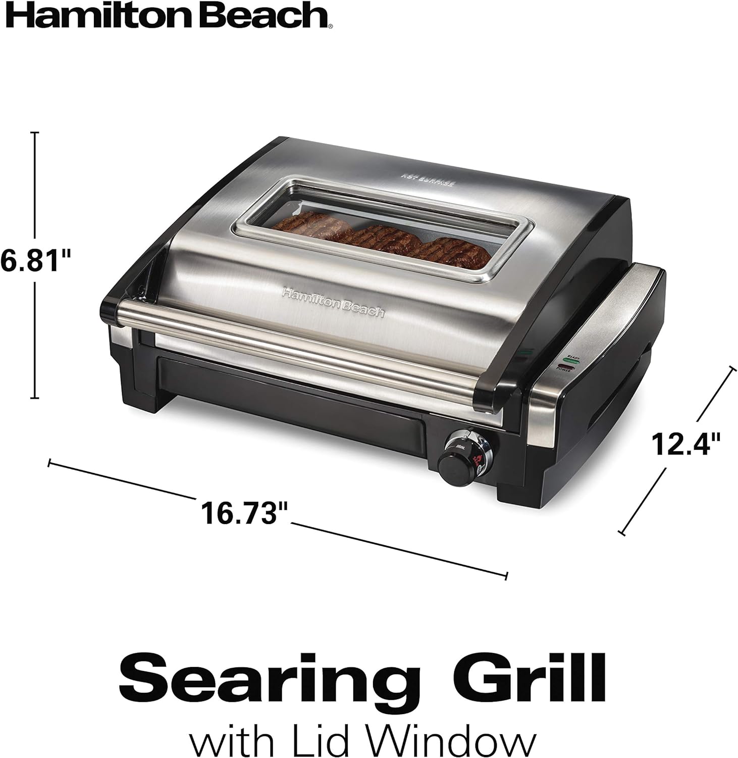 Hamilton Beach Electric Indoor Searing Grill with Viewing Window  Adjustable Temperature Control to 450F, 118 sq. in. Surface Serves 6, Removable Nonstick Grate, Stainless Steel