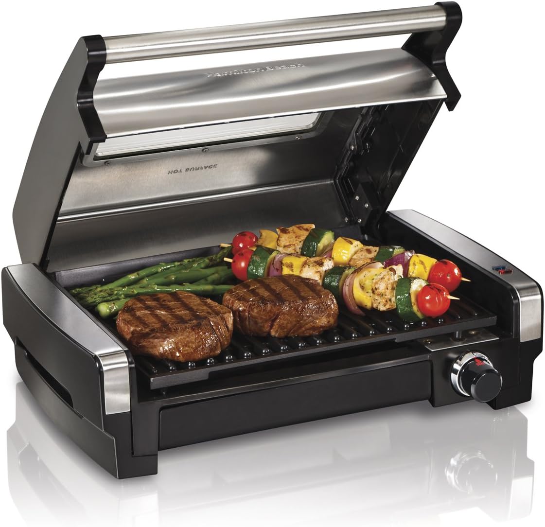 Hamilton Beach Electric Indoor Searing Grill with Viewing Window  Adjustable Temperature Control to 450F, 118 sq. in. Surface Serves 6, Removable Nonstick Grate, Stainless Steel