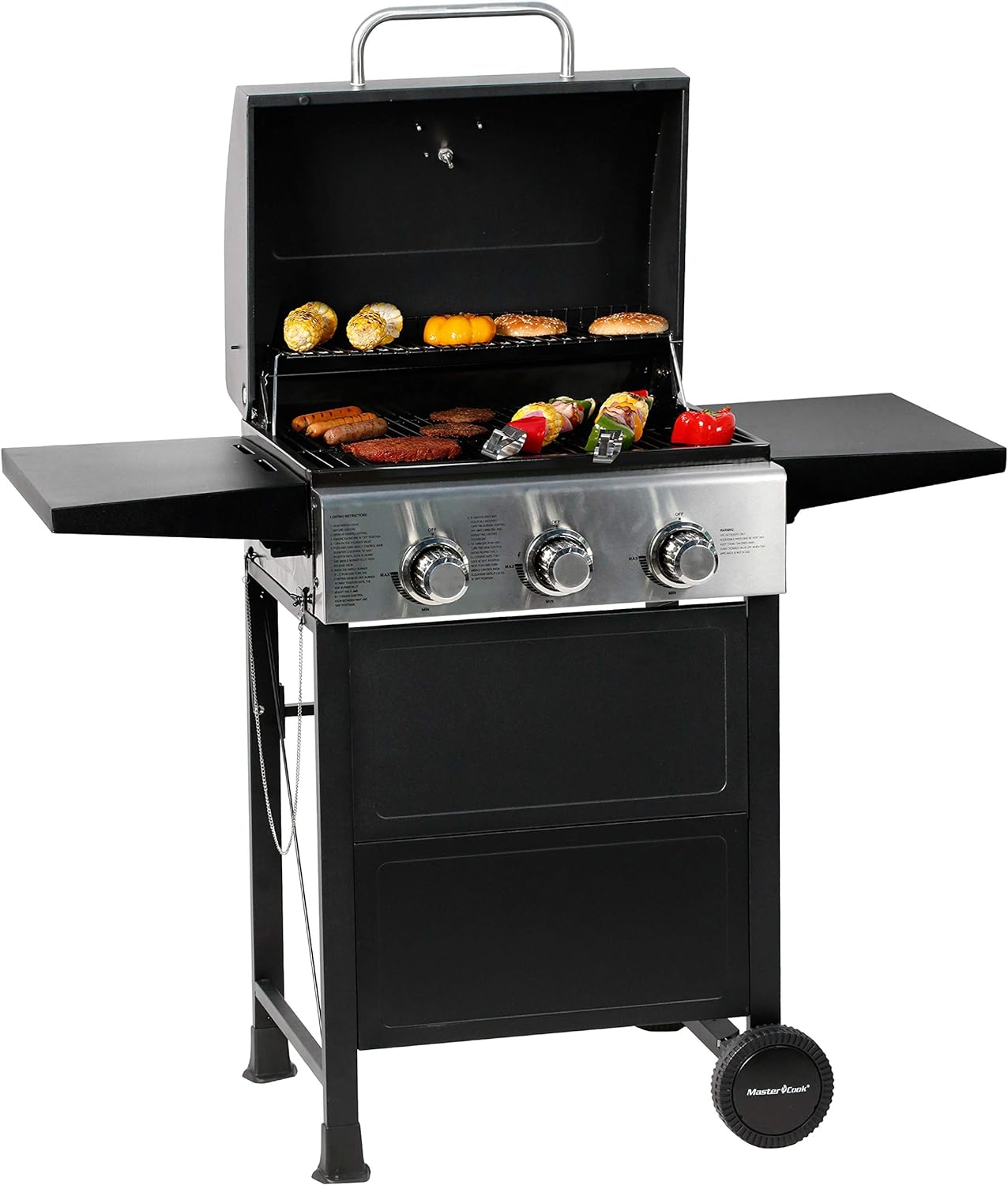 MASTER COOK 3 Burner BBQ Propane Gas Grill, Stainless Steel 30,000 BTU Patio Garden Barbecue Grill with Two Foldable Shelves