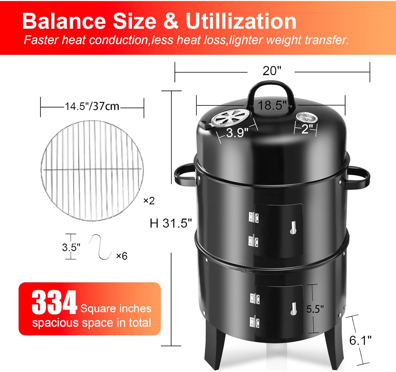 RYHOFOUD 19Inch Round Charcoal Smoker Grill,Heavy-Duty BBQ Smoker for Outdoor Smoking-Vertical Multi-Layer Pellet Smoker Ideal for Meats-Offset Charcoal Grill with Thermometer  S-Shaped Hook,Black