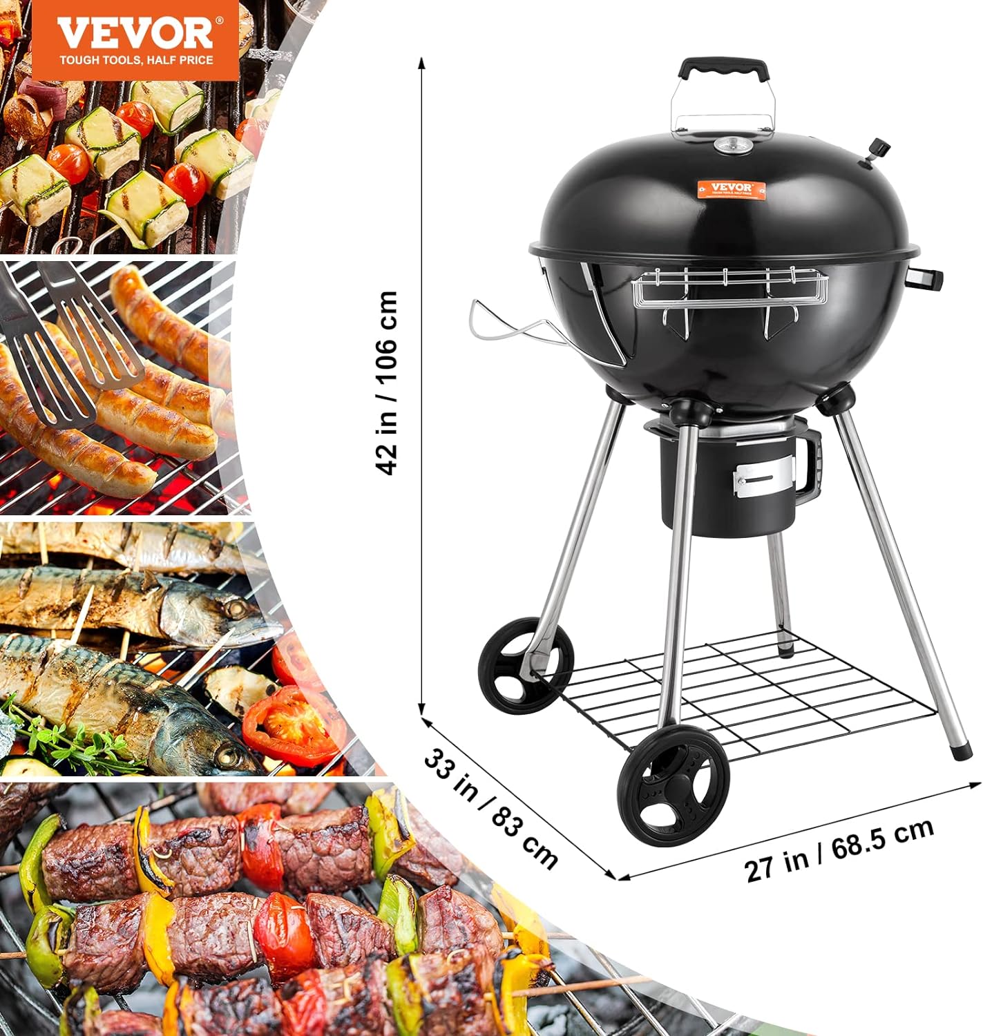 VEVOR 22 inch Charcoal Grill, Portable Charcoal Grill with Wheels for Outdoor, Porcelain-Enameled Lid and Ash Catcher  Thermometer, Round Barbecue Kettle Grill Bowl Wheels for Small Patio Backyard