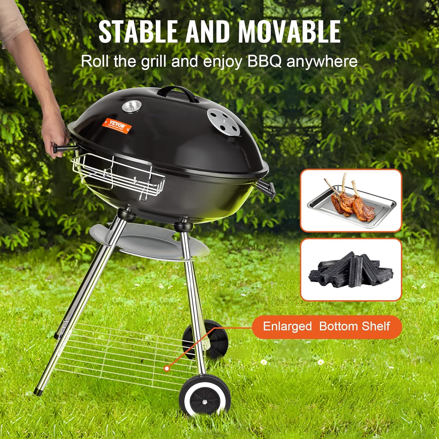 VEVOR 22 inch Charcoal Grill, Portable Charcoal Grill with Wheels for Outdoor, Porcelain-Enameled Lid and Ash Catcher  Thermometer, Round Barbecue Kettle Grill Bowl Wheels for Small Patio Backyard