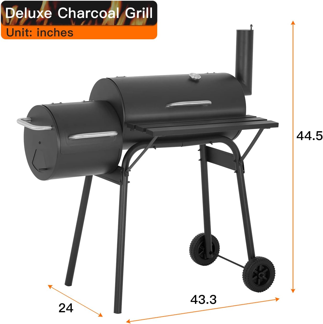 43-inch Charcoal Outdoor BBQ Grill - Portable Camping Grill for 6-10 People, Offset Smoker, Braised Roast, Patio and Backyard Picnic Grill