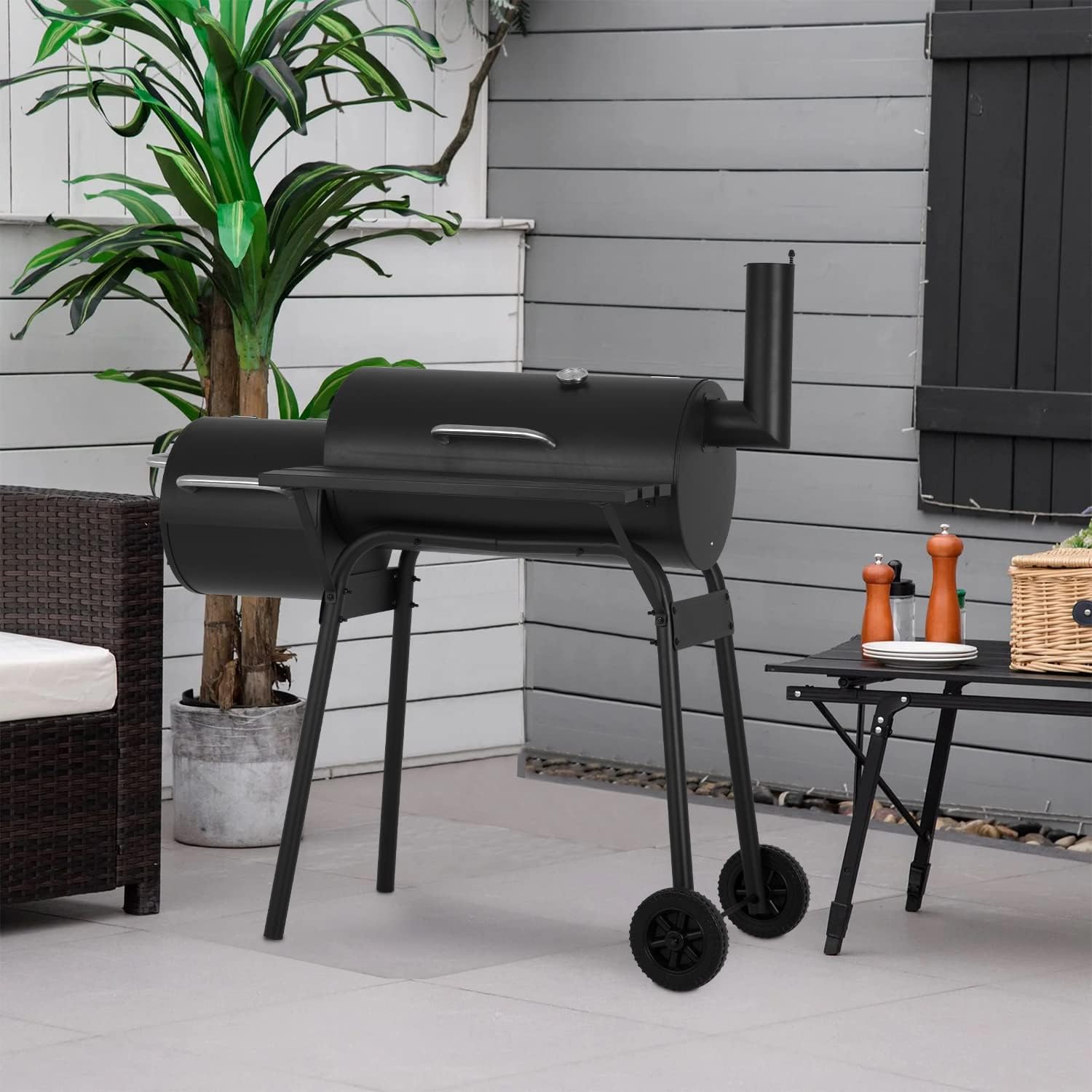 43-inch Charcoal Outdoor BBQ Grill - Portable Camping Grill for 6-10 People, Offset Smoker, Braised Roast, Patio and Backyard Picnic Grill