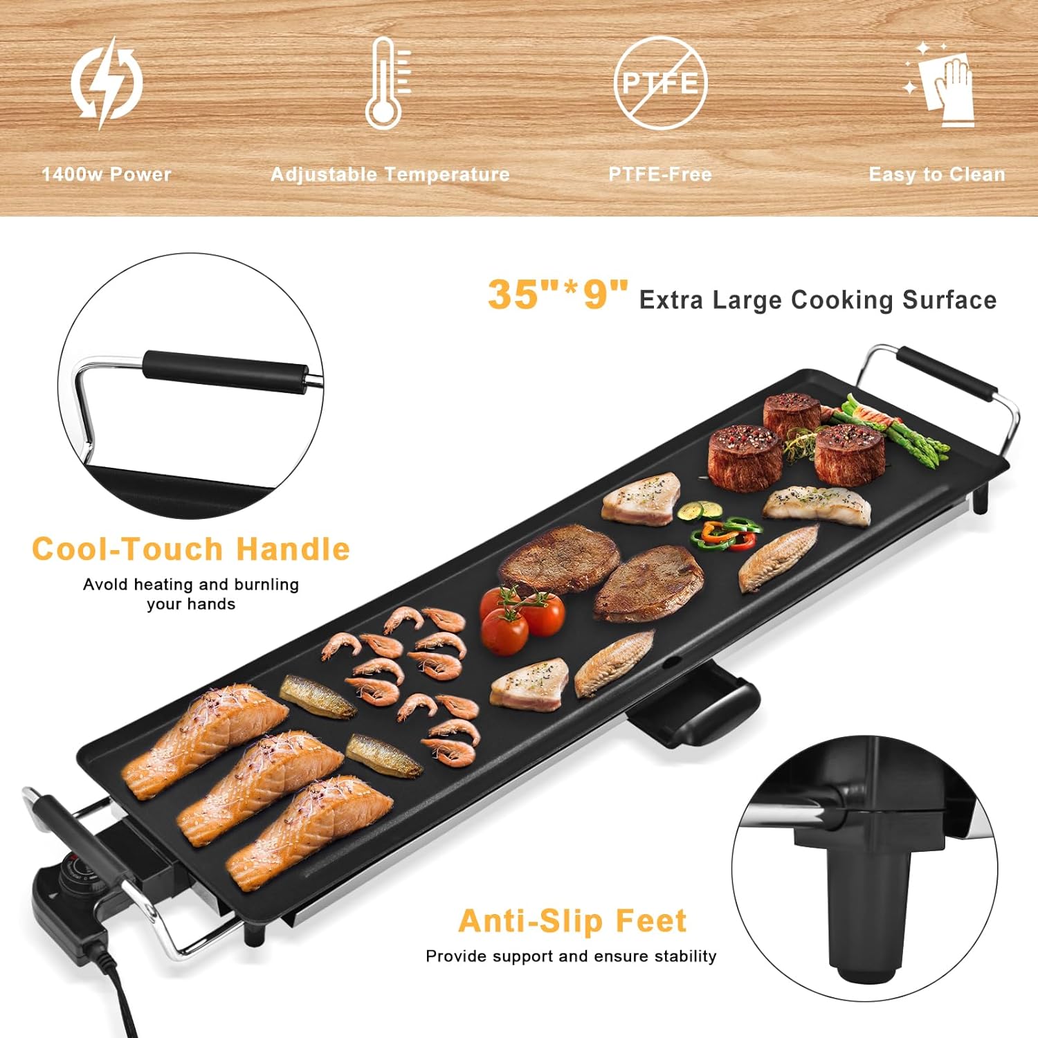 AEWHALE Electric Nonstick Extra Larger Griddle Grill-35 Teppanyaki Grill BBQ with Adjustable Temperature Insulated Handles for Indoor/Outdoor