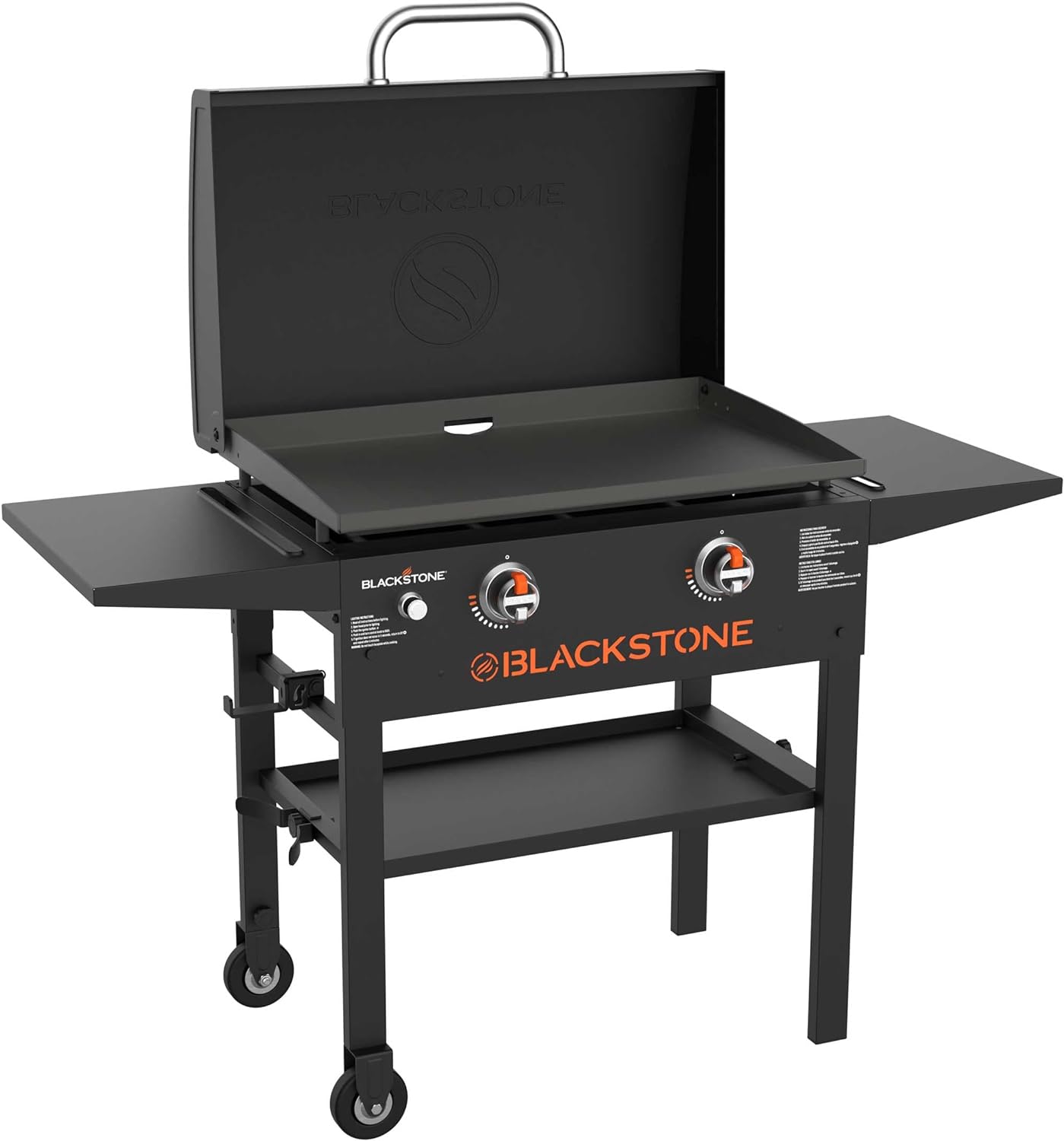 Blackstone 1883 Original 28” Griddle with Integrated Protective Hood and Counter Height Side Shelves, Powder Coated Steel, Black