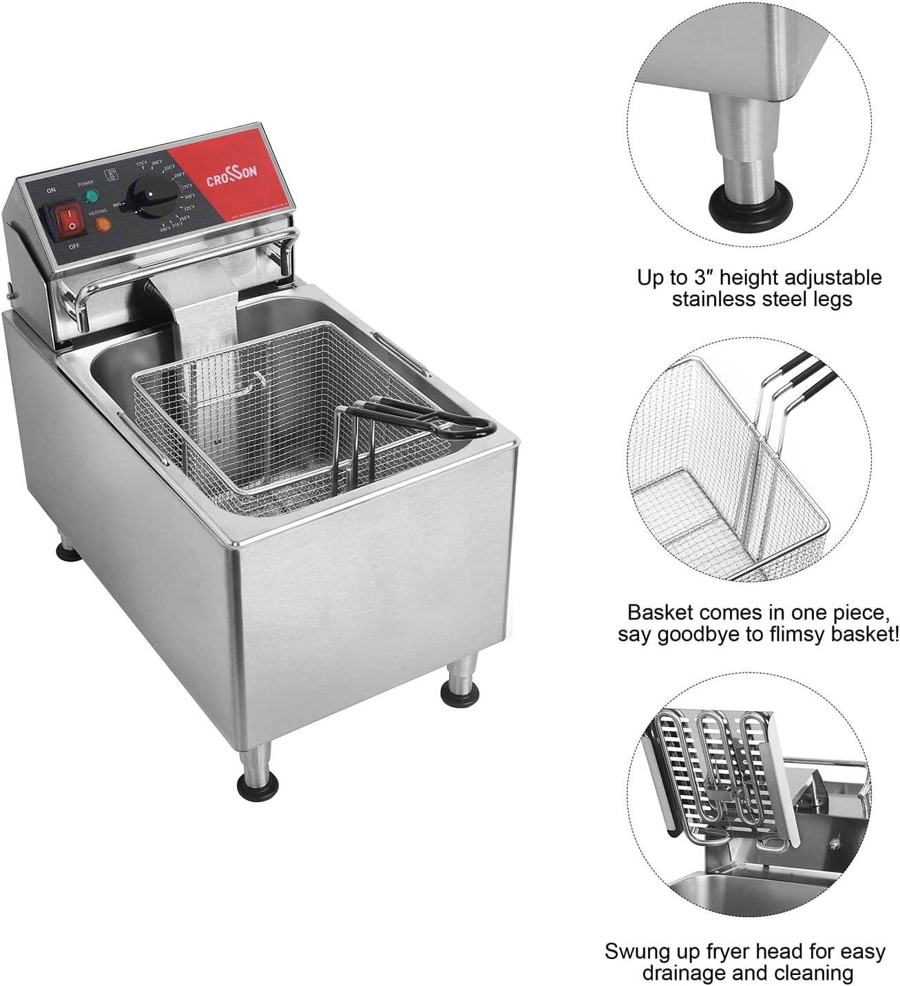 CROSSON ETL Listed 15Lbs Electric Deep Fryer with No-Assembling-Needed Solid Basket,Lid and Height Adjustable Legs for Restaurant Use,120V/1800W Commercial 8L Countertop Deep Fryer