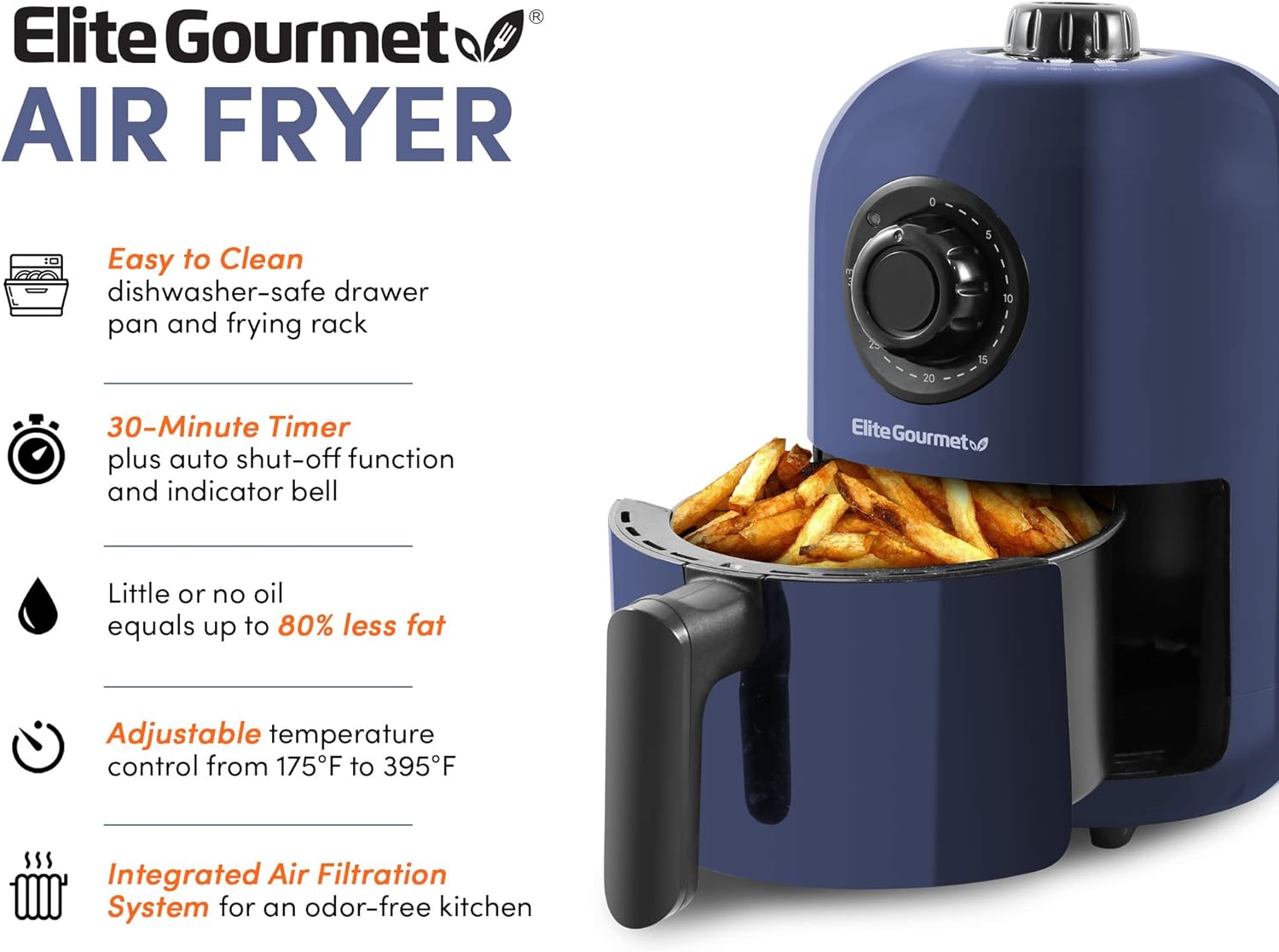 EAF1121BG Personal 1.1 Qt. Compact Space Saving Electric Hot Air Fryer Oil-Less Healthy Cooker, Timer  Temperature Controls, 1000W,Blue Gray