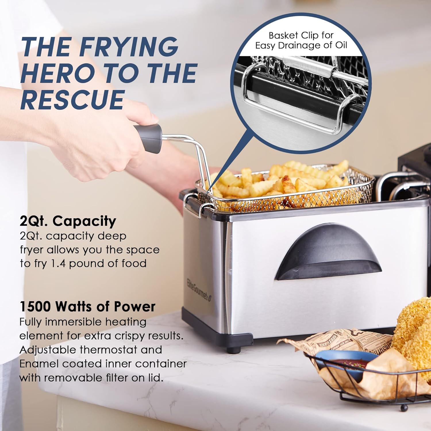 Elite Gourmet EDF2100 Electric Immersion Deep Fryer Removable Basket Adjustable Temperature, Lid with Viewing Window and Odor Free Filter, 2 Quart / 8.2 cup