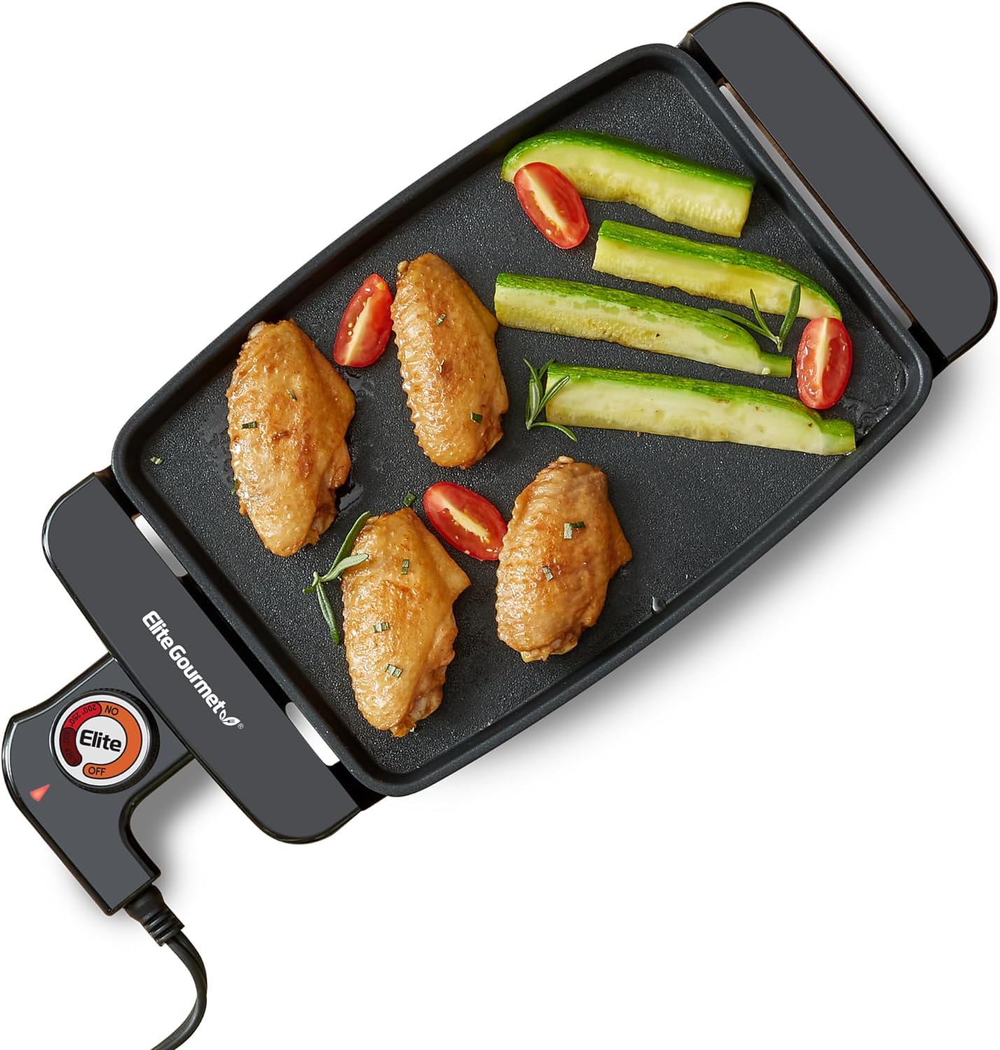 Elite Gourmet EGR2722A Electric 10.5 x 8.5 Griddle, Cool-touch Handles Non-Stick Surface, Removable/Adjustable Thermostat, Skid Free-Rubber Feet, Black