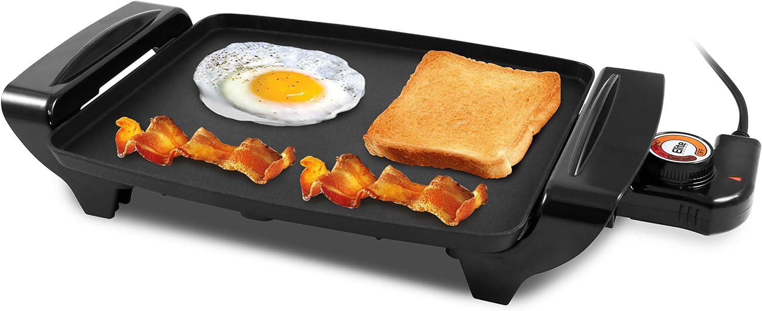 Elite Gourmet EGR2722A Electric 10.5 x 8.5 Griddle, Cool-touch Handles Non-Stick Surface, Removable/Adjustable Thermostat, Skid Free-Rubber Feet, Black