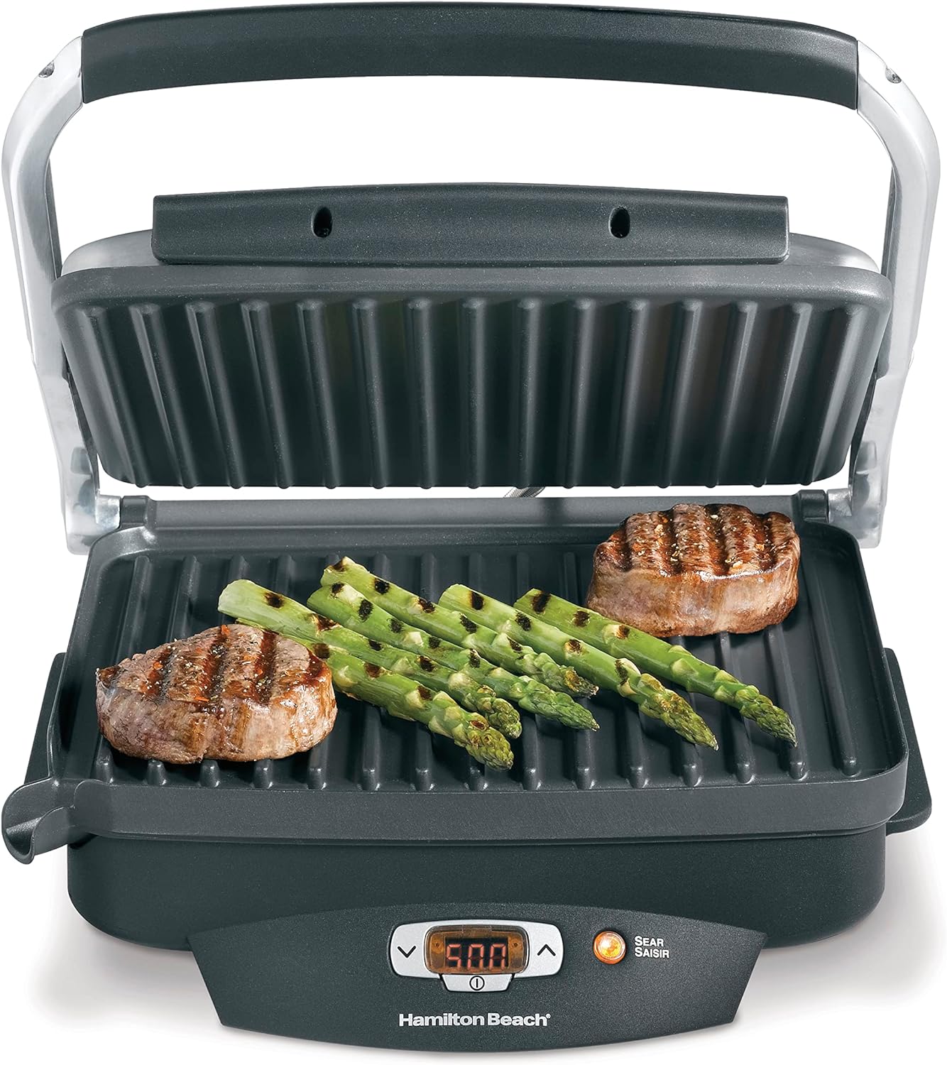 Hamilton Beach Steak Lovers Electric Indoor Searing Grill, Nonstick 100 Square, Stainless Steel (25331), Black and Stainless, Medium