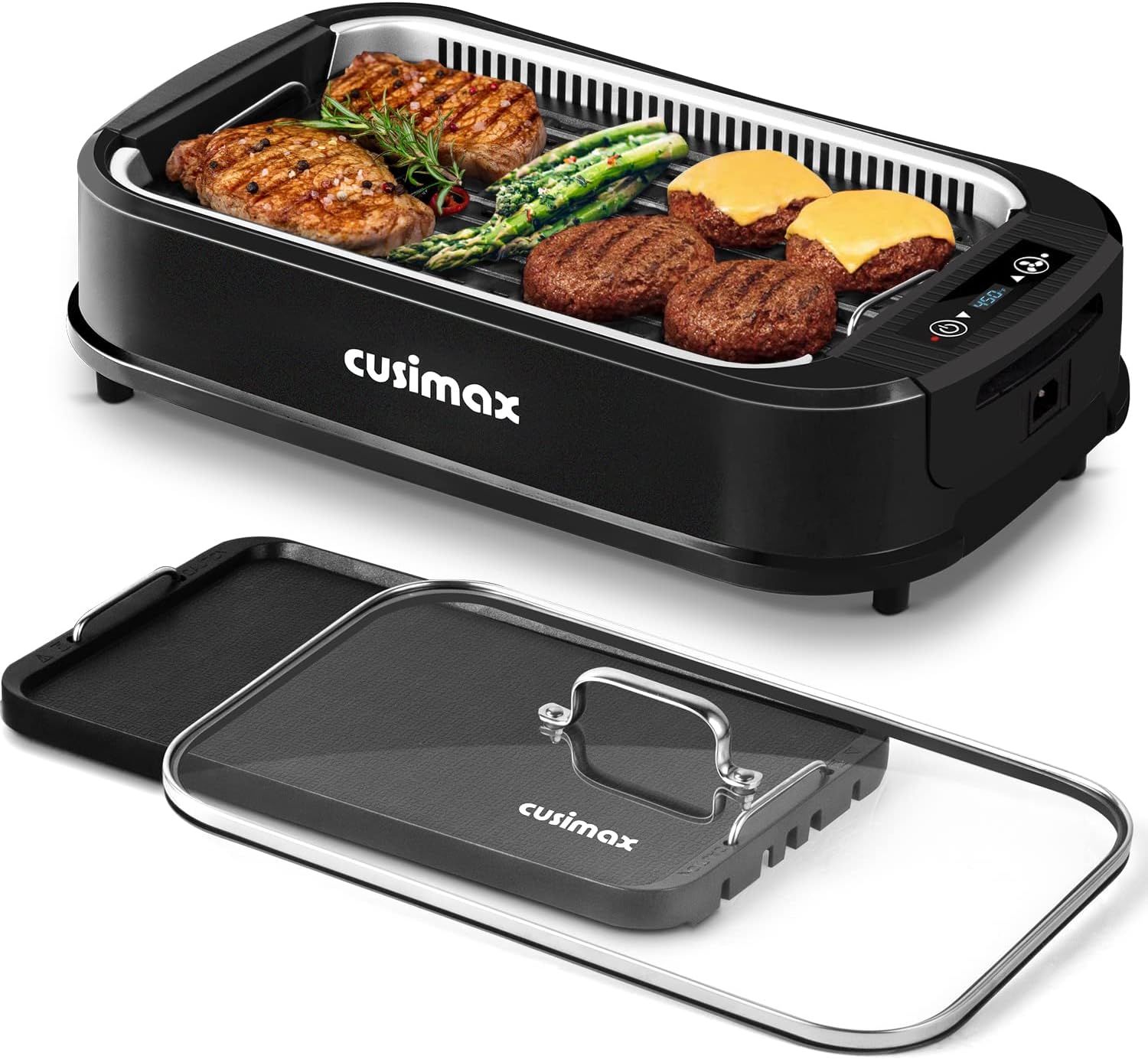 Indoor Grill, CUSIMAX Smokeless Grill Indoor, 1500W Electric Grill Griddle Korean BBQ Grill with LED Smart Display  Tempered Glass Lid, Non-stick Removable Grill Plate  Griddle Plate, Black