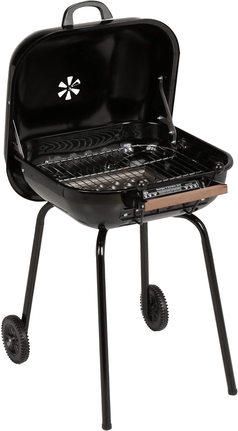 MECO Americana Swinger Portable Wheeled Outdoor Camping Tailgating Charcoal Grill with Adjustable Grid, Air Vents, Side Tables,  Bottom Shelf, Black