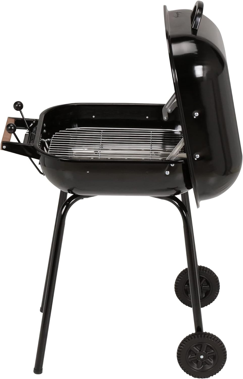 MECO Americana Swinger Portable Wheeled Outdoor Camping Tailgating Charcoal Grill with Adjustable Grid, Air Vents, Side Tables,  Bottom Shelf, Black