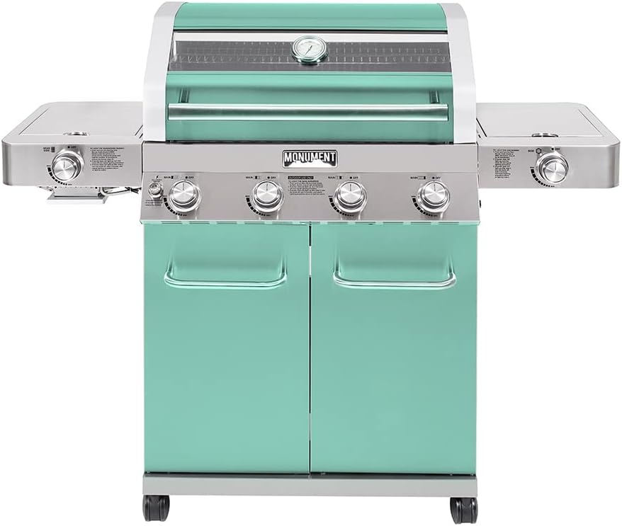 Monument Grills Larger 4-Burner Propane Gas Grills Stainless Steel Cabinet Style with Clear View Lid, LED Controls, Built in Thermometer, and Side  Infrared Side Sear Burners