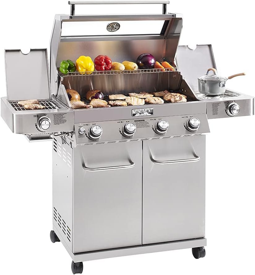 Monument Grills Larger 4-Burner Propane Gas Grills Stainless Steel Cabinet Style with Clear View Lid, LED Controls, Built in Thermometer, and Side  Infrared Side Sear Burners