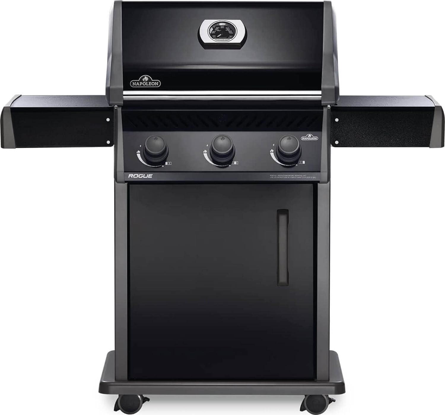 Napoleon Rogue 425 BBQ Grill, Black, Propane Gas - R425PK-1 With Three Burners, Barbecue Gas Cart, Folding Side shelves, Instant Failsafe Ignition