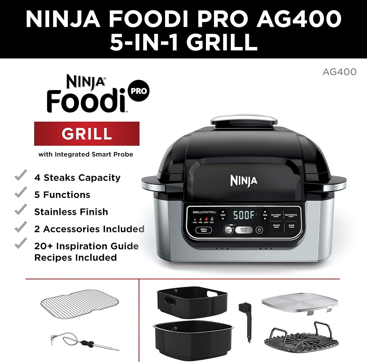 Ninja AG301 Foodi 5-in-1 Indoor Electric Grill with Air Fry, Roast, Bake  Dehydrate - Programmable, Black/Silver