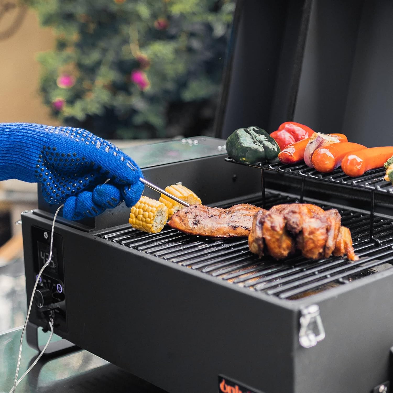 Onlyfire BBQ Wood Pellet Grill Smoker with Digital Control, LED Screen, Meat Probe  2 Tiers Cooking Area, Portable Tabletop Grilling Stove for BBQ, Smoke, Bake and Roast, RV Camping, Blue