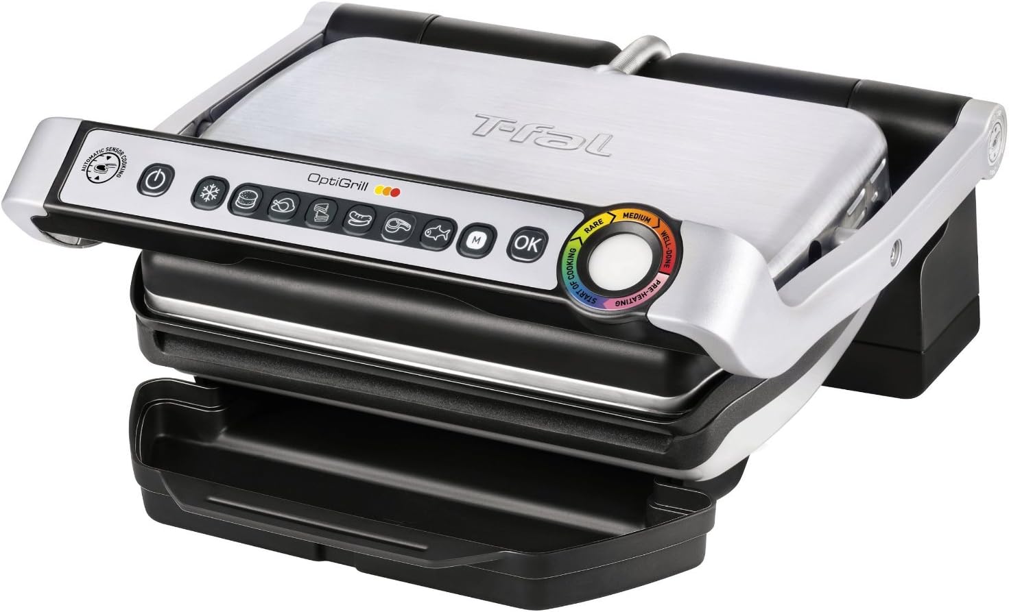 OptiGrill Stainless Steel Electric Grill 4 Servings 6 Automatic Cooking Modes, Intelligent grilling rare to well-done 1800 Watts Nonstick Removable Plates, Dishwasher Safe, Indoor, Silver