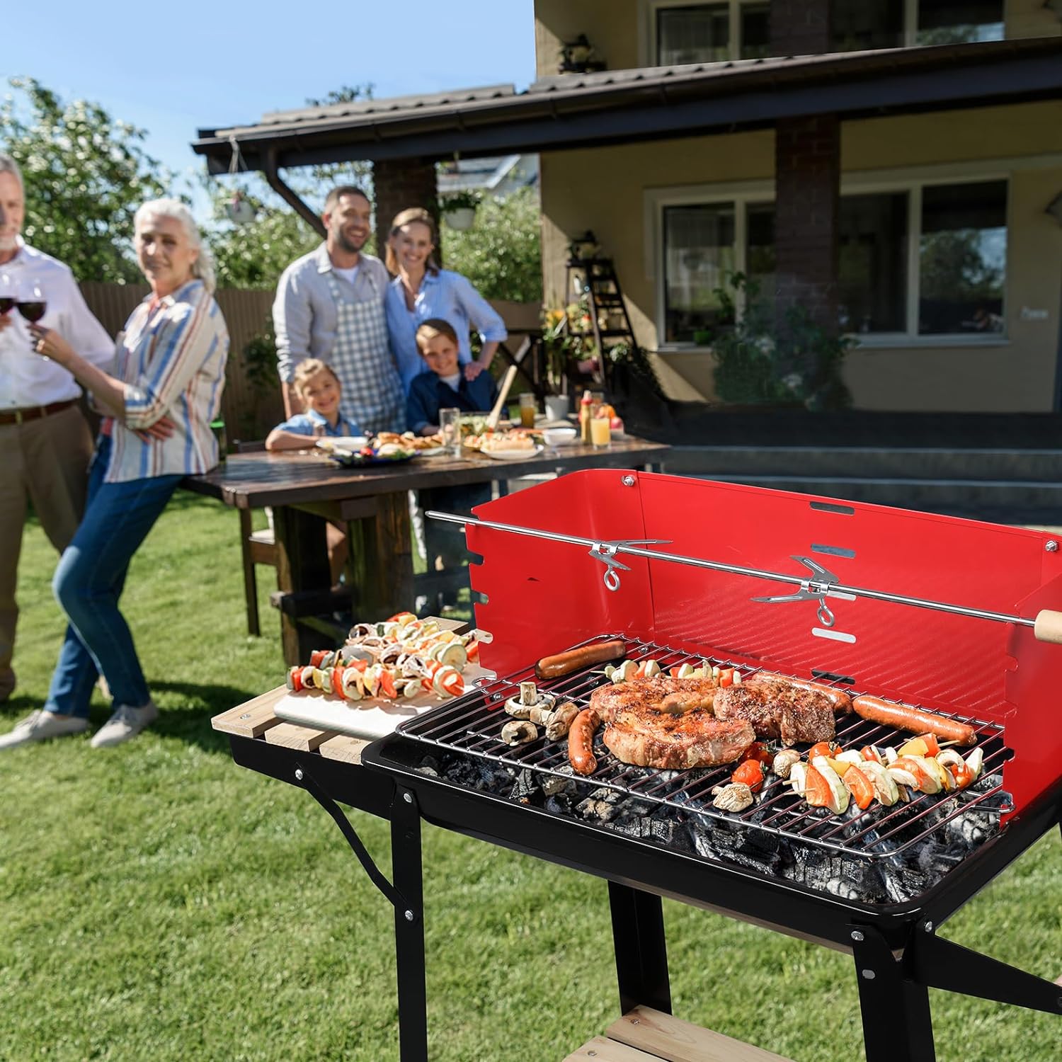 Rolling Charcoal Grill with Wheels Square Enamel Charcoal Oven Black Red