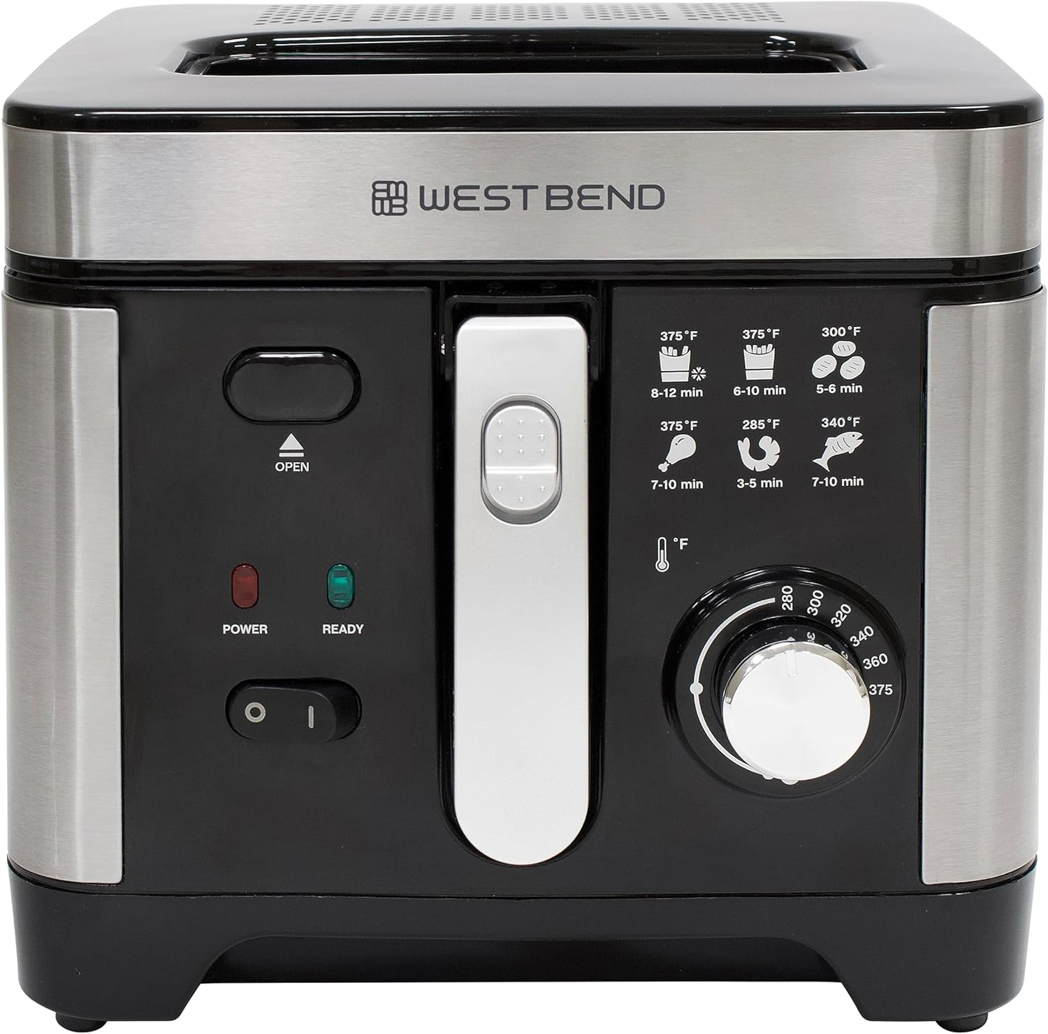 West Bend Deep Fryer with Adjustable Temperature Control Nonstick Basket Easy-View Window and Temperature Guide, Folding Handle and Locking Cover for Easy Storage, 3-Liter, Silver,Black, DFWB3LBK13