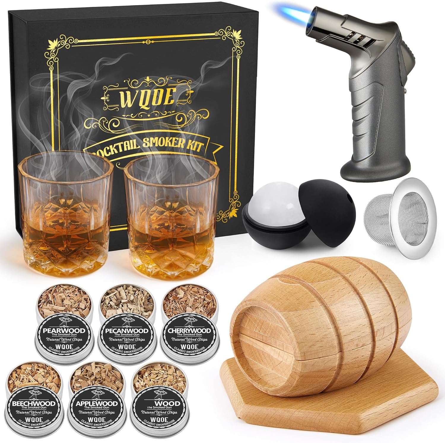 Whiskey Smoker Kit with Torch - 6 Flavors Wood Chips, 2 Glasses, 2 Ball Ice Trays, Old Fashioned Drink Smoker Kit, Birthday Bourbon Whiskey Gifts for Men,Dad(NO Butane)