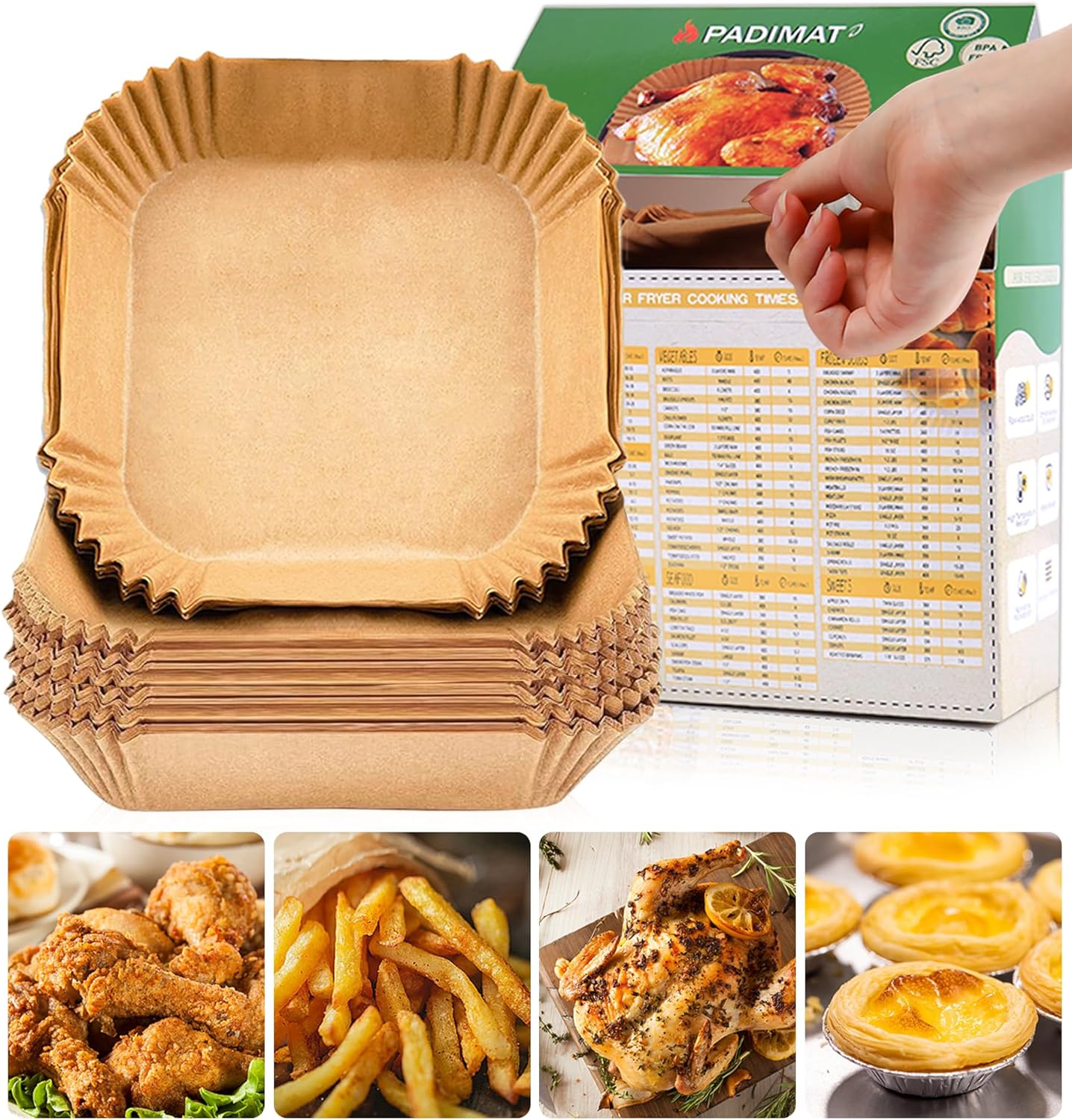 Air Fryer Disposable Paper Liners, 120 Pcs Square Airfryer Parchment Cooking Non-Stick Liner Accessories, Microwave Oven, Frying Pan, Oil-proof Air Fryers Filters Sheets for 5 6 7 8 Qt Baking Basket