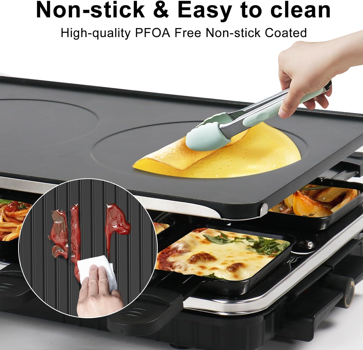 Raclette Table Grill, Electric Grill Indoor Korean BBQ Grill 2 in 1 Electric Griddle Nonstick with 8 Raclette Cheese Pans Adjustable Temperature Control 1300W Ideal for Family and Party Fun(Black)