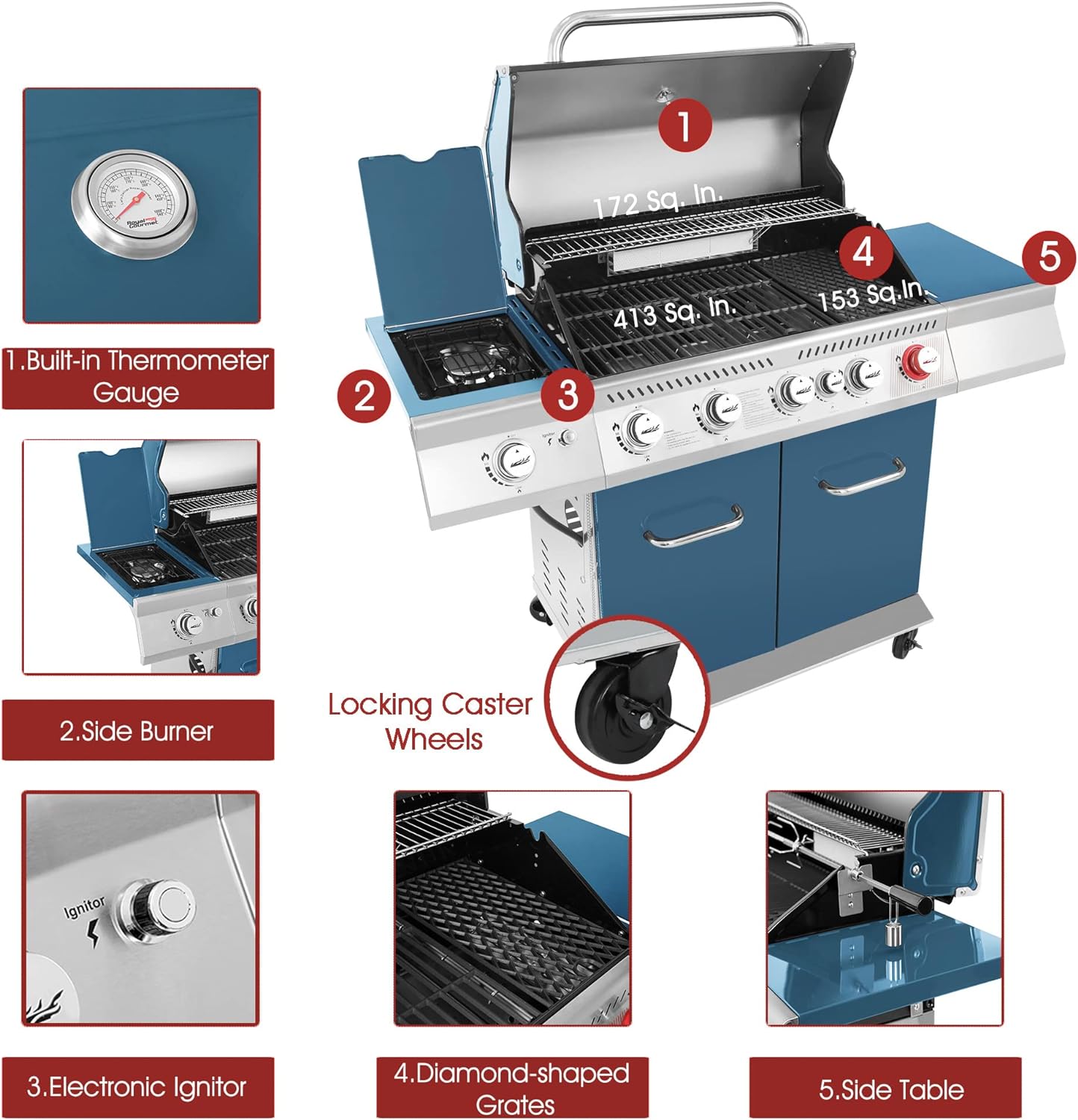 Royal Gourmet GA5403B 5-Burner BBQ Cabinet Style Propane Gas Grill with Rotisserie Kit, Sear Burner, Rear Burner and Side Burner, 74,000 BTU Patio Picnic Backyard, Outdoor Party, Blue