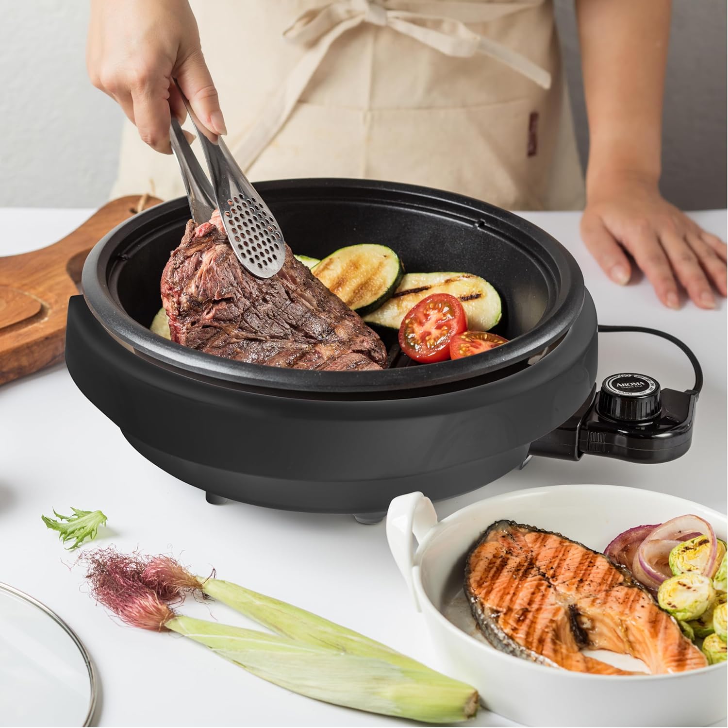Aroma Housewares ASP-137 Grillet 3Qt. 3-in-1 Cool-Touch Electric Indoor Grill Portable, Dishwasher Safe, 3-Quart, White