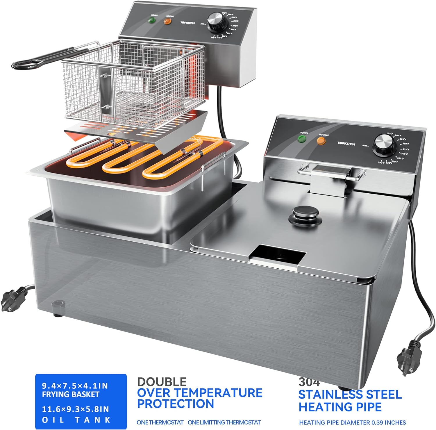 Commercial Deep Fryer Stainless Steel Dual Tank with 2 Baskets Capacity 10L X 2 Electric Countertop Fryer for Restaurant and Home Use, 120V 3600W