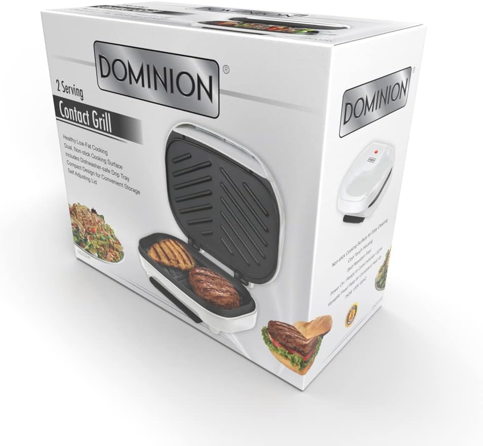 Dominion 2-Serving Classic Plate Electric Indoor Grill and Panini Press, Easy Storage  Clean, Perfect for Breakfast Grilled Cheese Egg  Steak, White