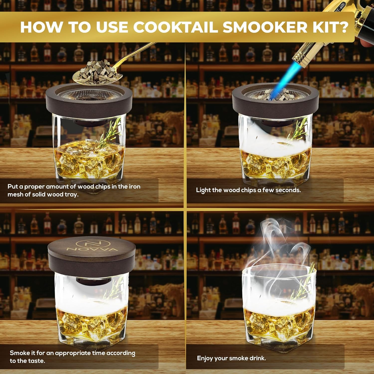 Whiskey Smoker Kit - Cocktail Smoker Kit with Torch - Old Fashioned Smoker Kit - Gifts for Men, Dad - Bourbon Smoker Infuser Kit - Whisky Drink Kit