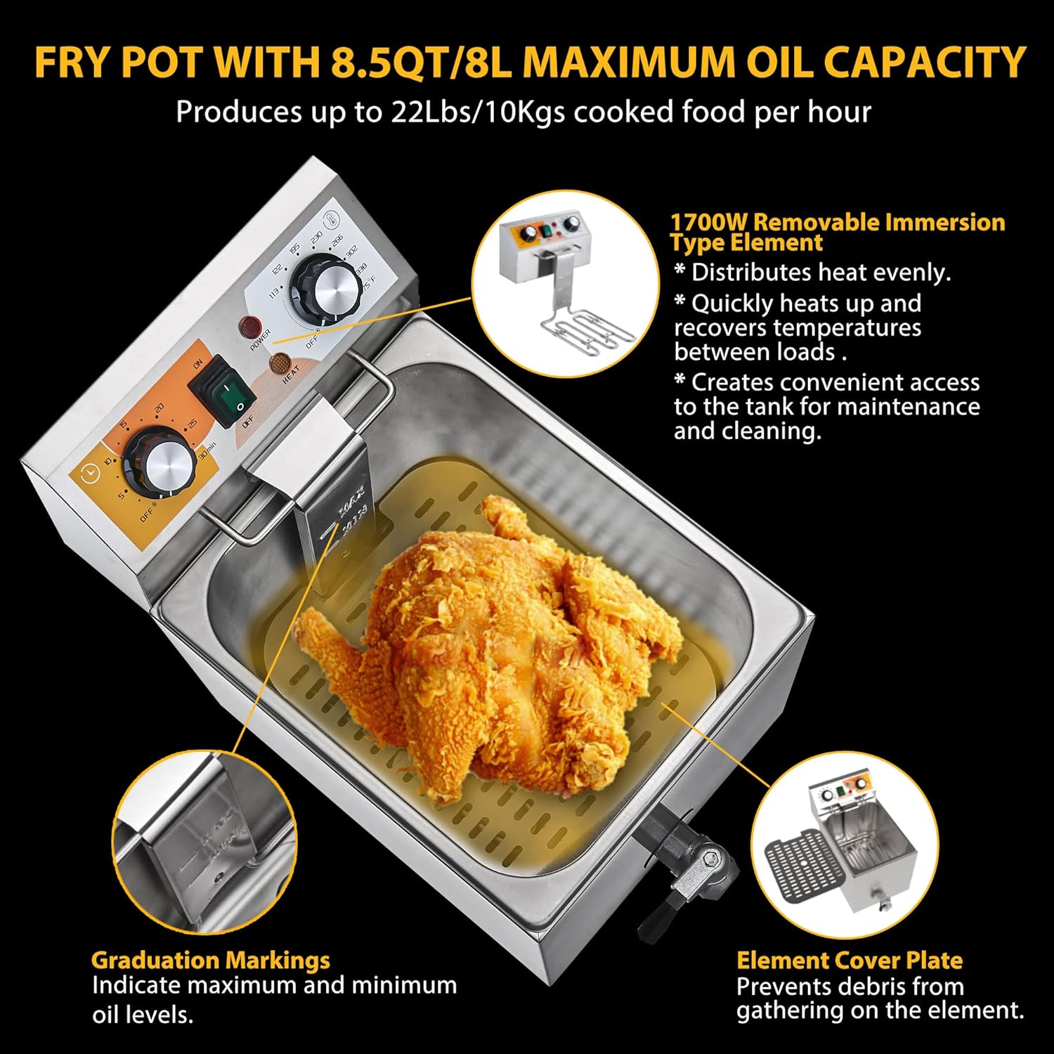 14 Qt. Electric Countertop Commercial Deep Fryer with 6.8 Qt. Basket, for Restaurant and Home - 120V, 1700W, Stainless Steel Build