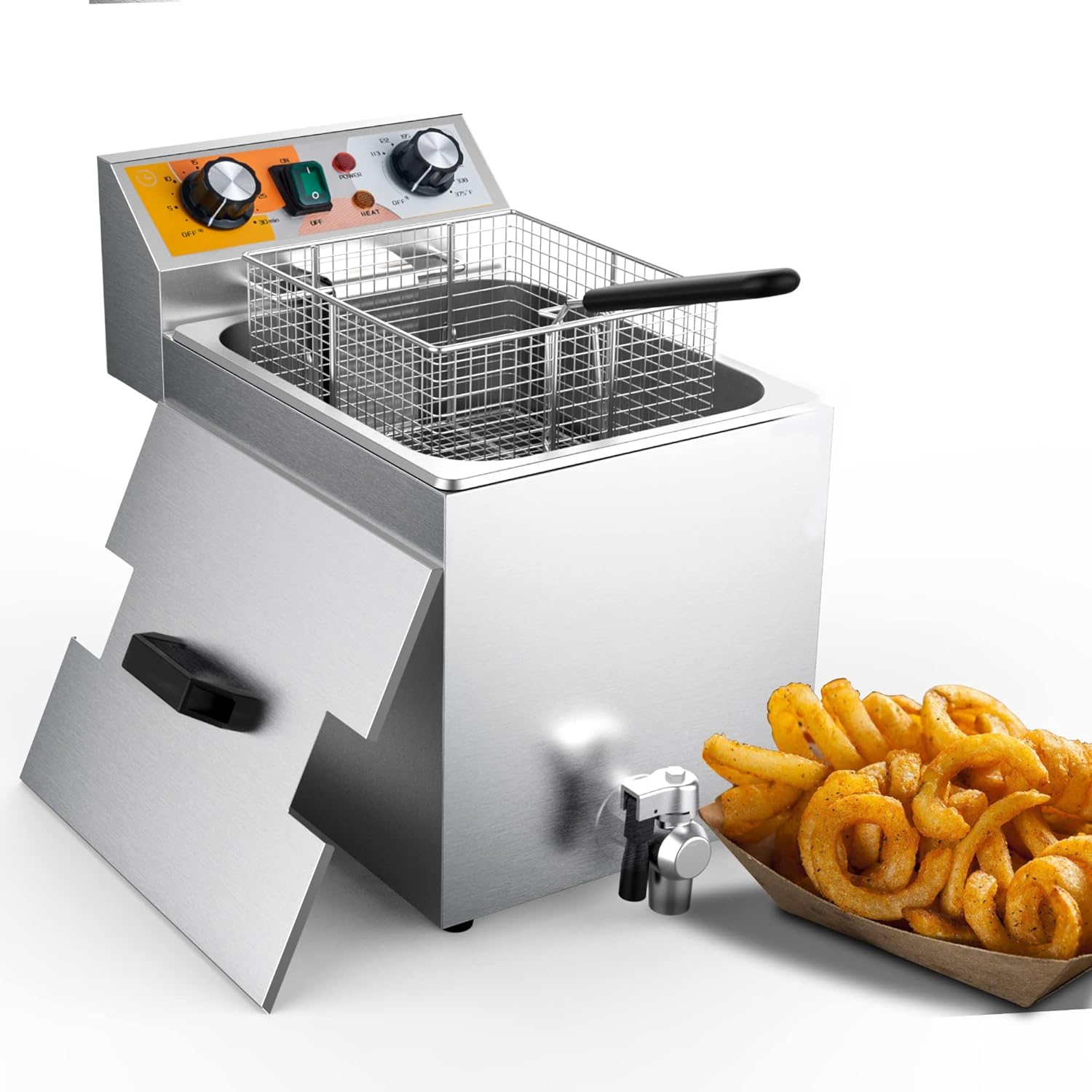 14 Qt. Electric Countertop Commercial Deep Fryer with 6.8 Qt. Basket, for Restaurant and Home - 120V, 1700W, Stainless Steel Build