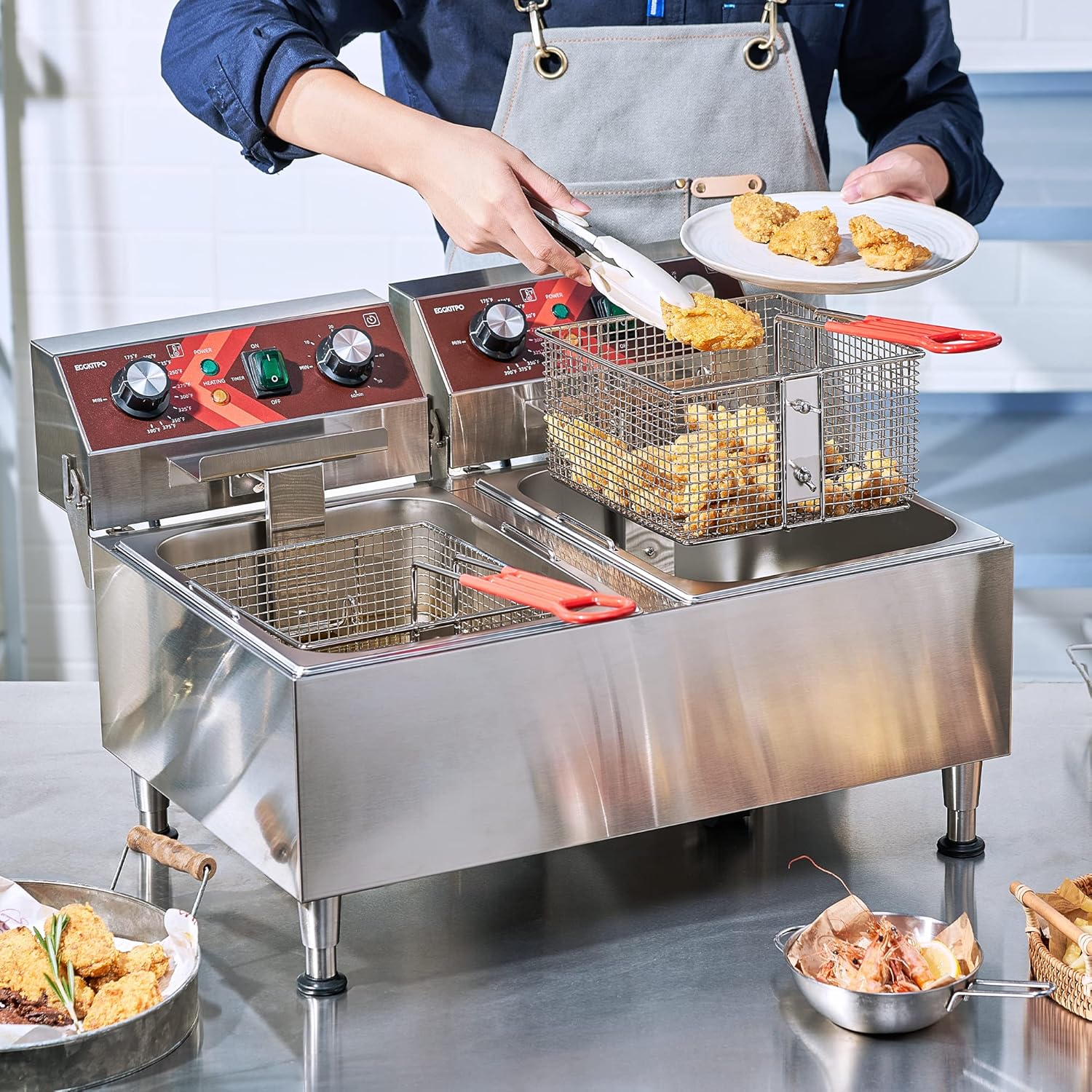 Deep Fryers Stainless Steel Commercial Deep fryer with Timer Dual Tank Electric Deep Fryer with 2 Baskets Large Capacity 10L X 2 Electric Countertop Fryer for Restaurant and Home, 120V 3600W