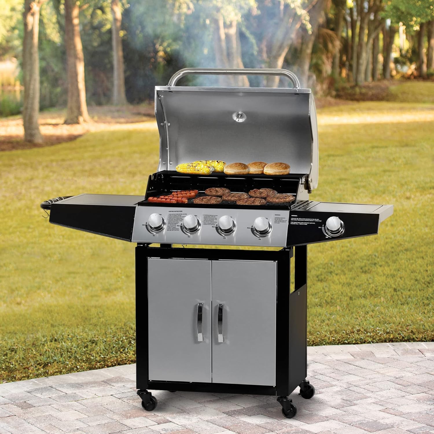 MASTER COOK Outdoor Propane Gas Grill, 4-Burner Gas Grill with Side Burner Liquid Propane Gas Grill BBQ Gas Grill, Stainless Steel Gas Grill, Silver Black