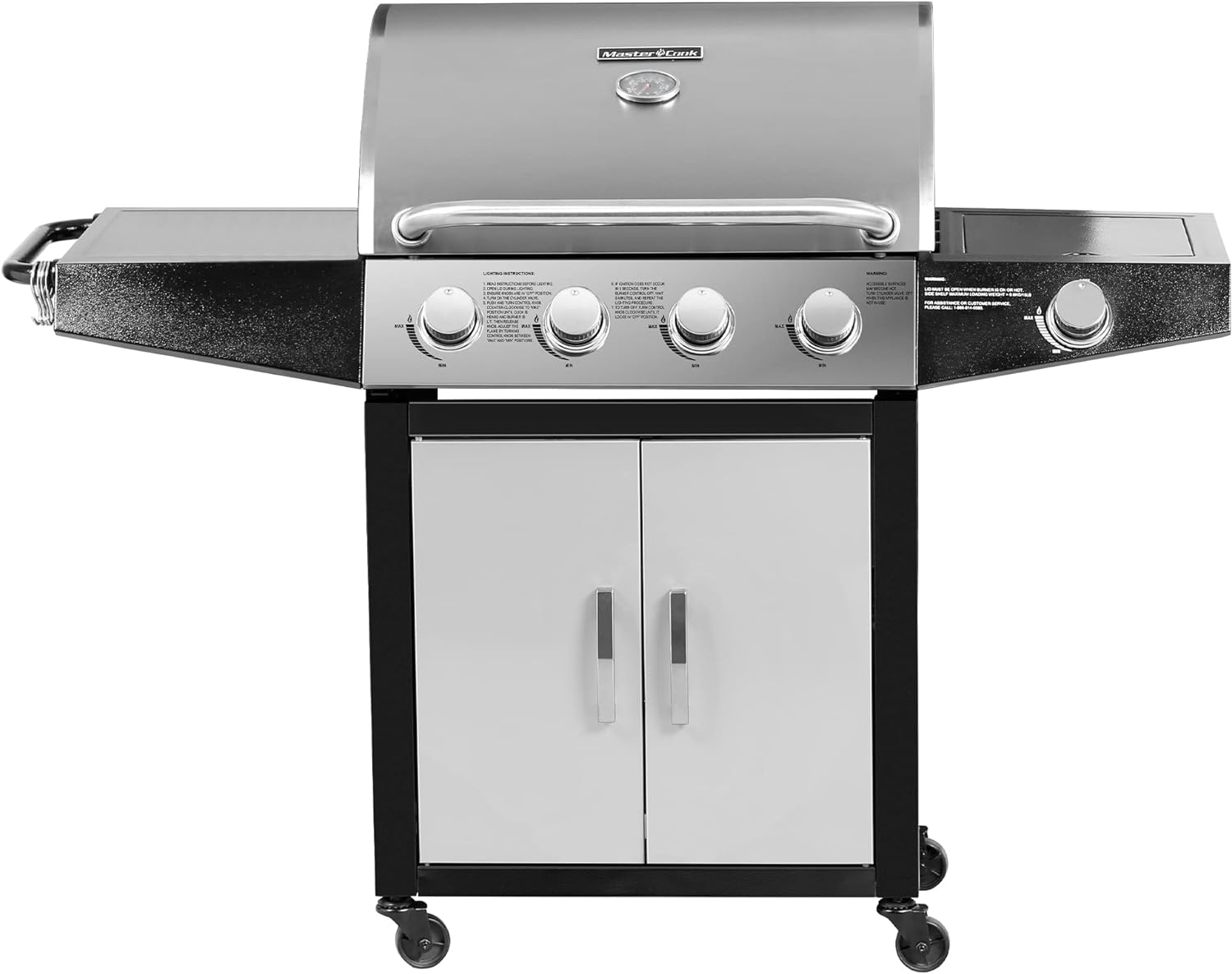 MASTER COOK Outdoor Propane Gas Grill, 4-Burner Gas Grill with Side Burner Liquid Propane Gas Grill BBQ Gas Grill, Stainless Steel Gas Grill, Silver Black