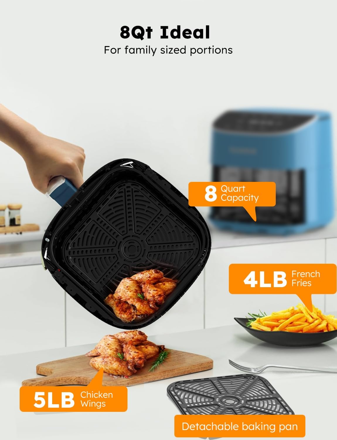 Nuwave Brio 8-Qt Air Fryer, Powerful 1800W, Easy-to-Read Cool White Display, 50°-400°F Temp Controls, 100 Pre-Programmed Presets  50 Memory Slots, Integrated Smart Thermometer, Linear T Technology