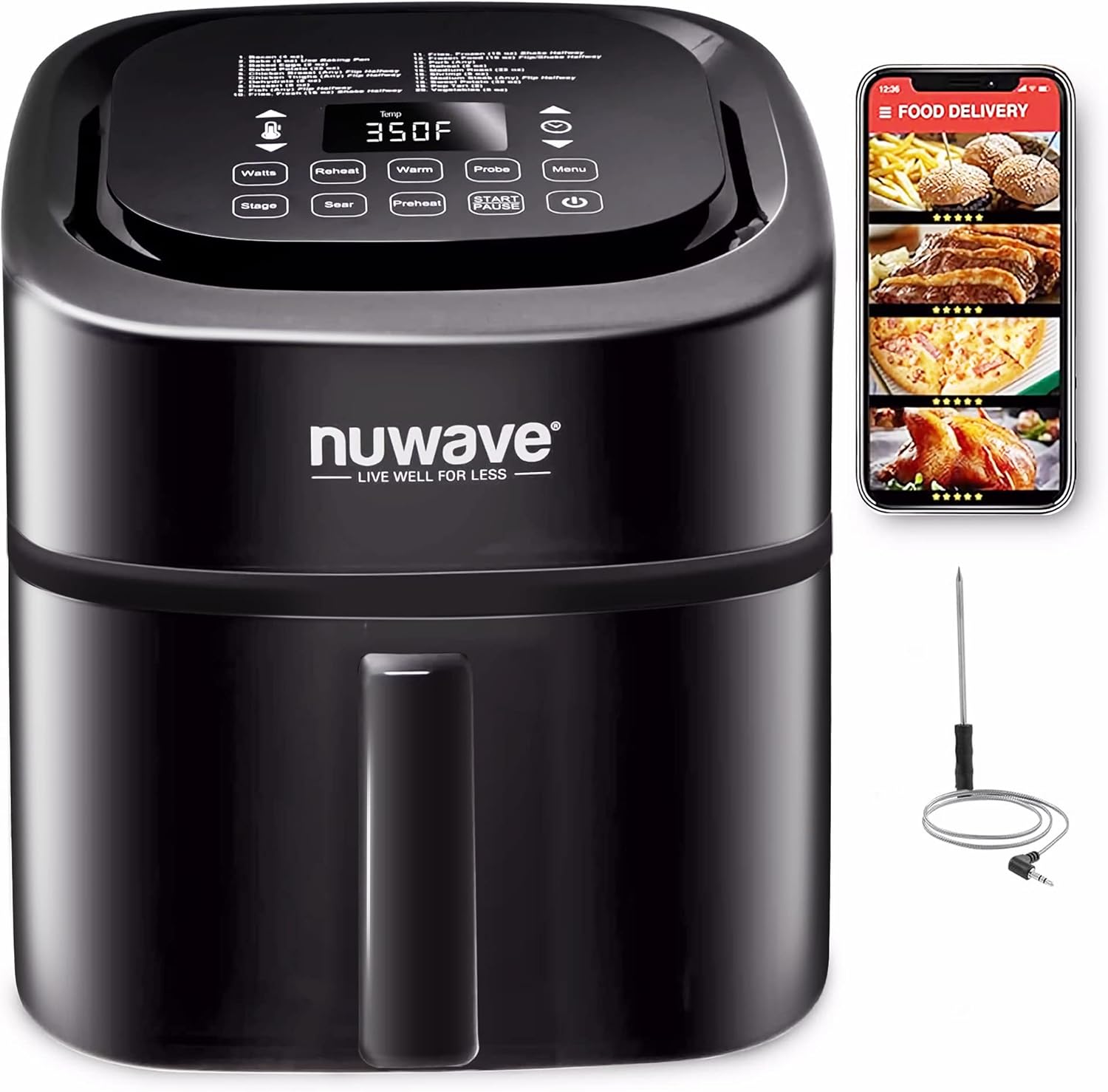 Nuwave Brio 8-Qt Air Fryer, Powerful 1800W, Easy-to-Read Cool White Display, 50°-400°F Temp Controls, 100 Pre-Programmed Presets  50 Memory Slots, Integrated Smart Thermometer, Linear T Technology