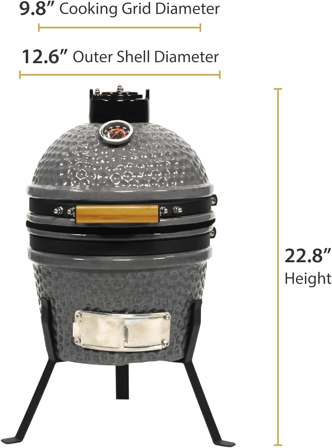 VESSILS 9.8-in W Kamado Charcoal BBQ Grill – Heavy Duty Ceramic Barbecue Smoker and Roaster with Built-in Thermometer and Stainless Steel Grate