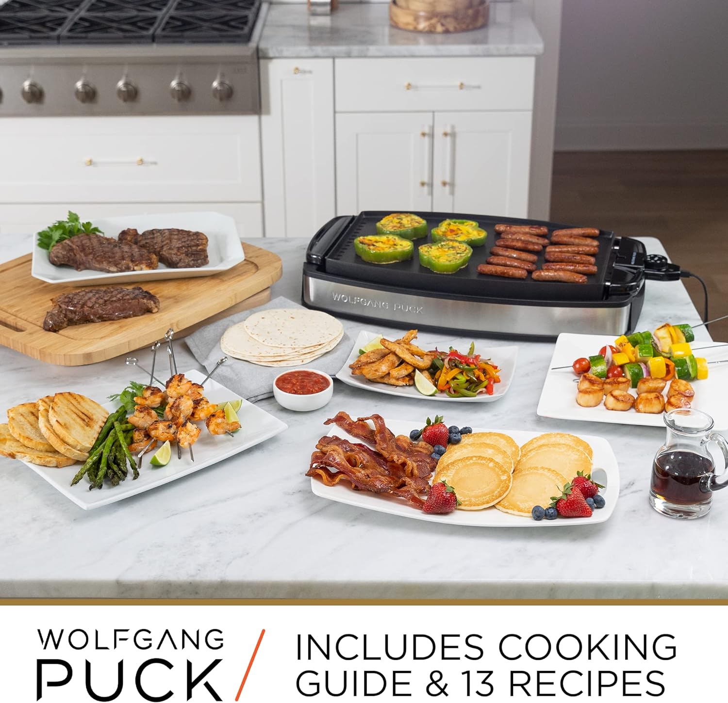 Wolfgang Puck XL Reversible Grill Griddle, Oversized Removable Cooking Plate, Nonstick Coating, Dishwasher Safe, Heats Up to 400ºF, Stay Cool Handles