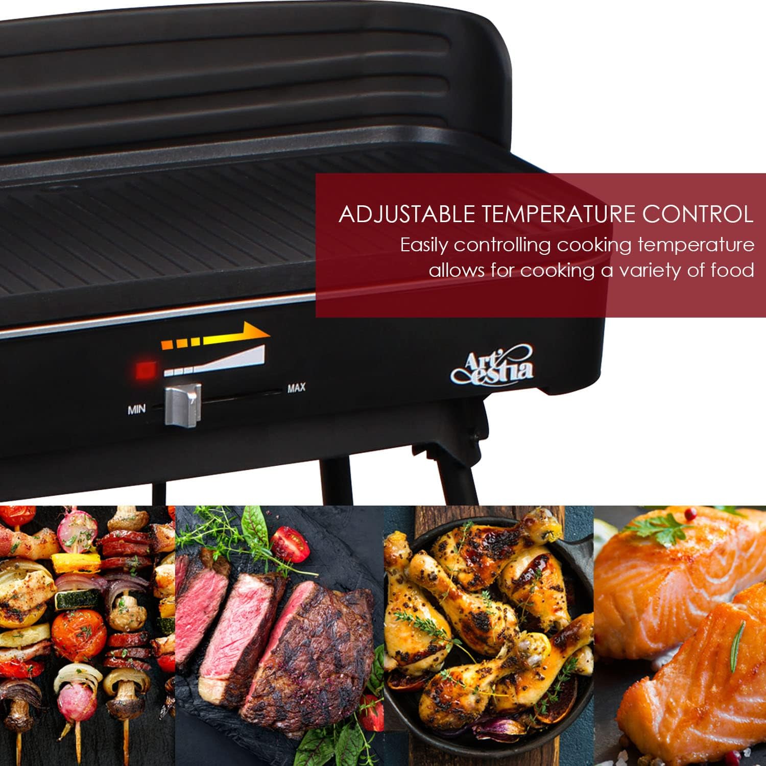 Artestia Outdoor Electric Grills Smokeless 2 IN 1 BBQ Grills Temperature Control Portable Removable 1500W Stand Grill for Cooking, BBQ Party, Black