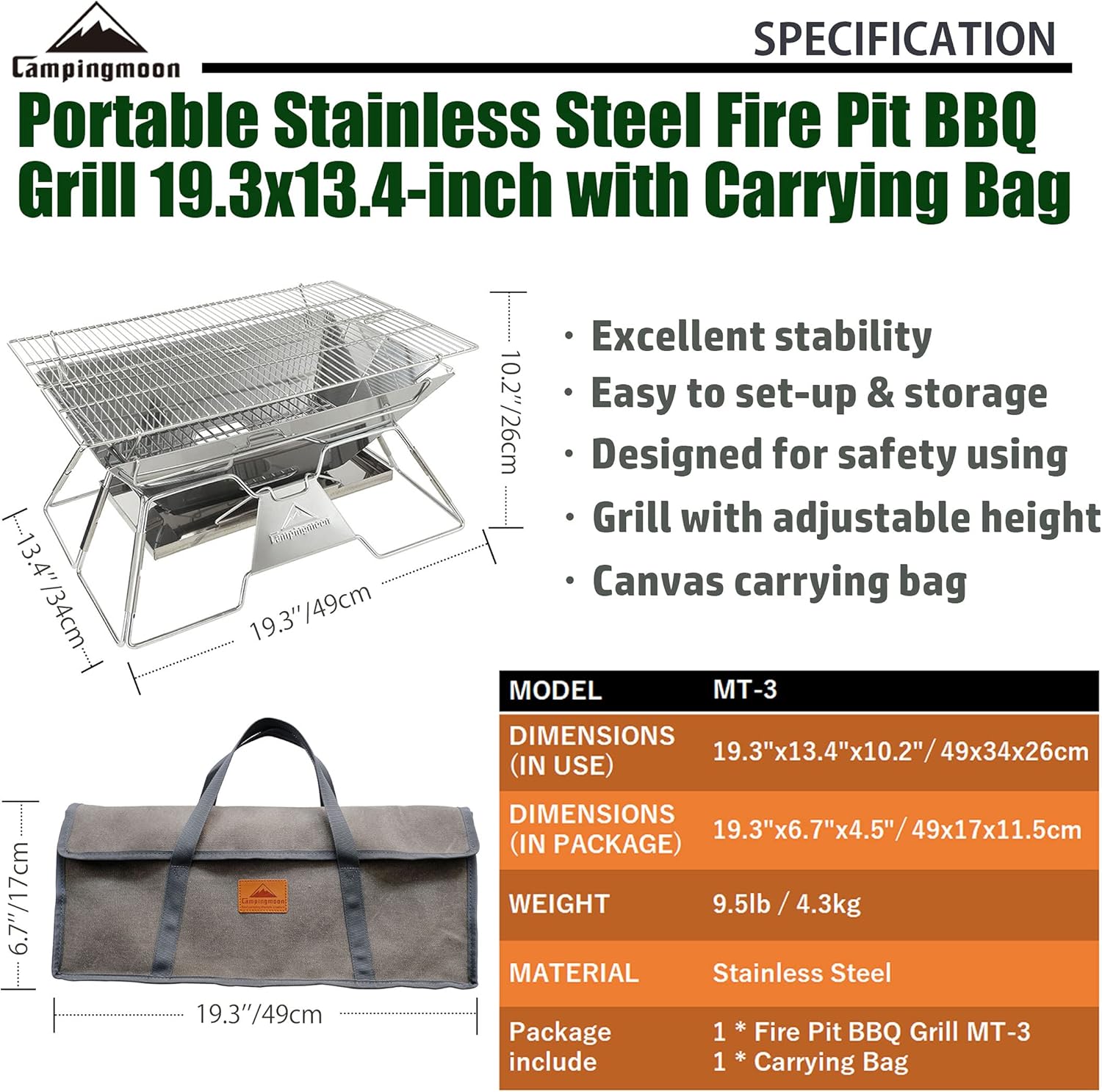 CAMPINGMOON Small Size Stainless Steel Portable Tabletop Charcoal Grill with Carry Bag X-MINI